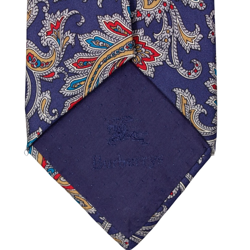 VTG Burberry London Mens Silk Paisley Tie Blue Red Gold Hand Sewn - Picture 4 of 11